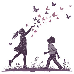 Children Releasing Butterflies Silhouette Depicts A Playful Scene With A White Background kids boy girl childhood © Miasahin