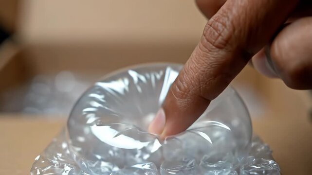 Human Finger Gently Pressing a Single Clear Plastic Bubble on Bubble Wrap