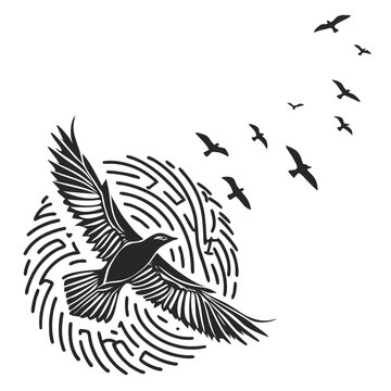 Black vector artwork depicting a bird taking flight from a swirling fingerprint pattern on a white background