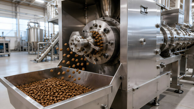 Automated pet food extrusion process in modern industrial manufacturing facility