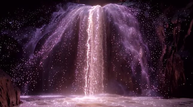 Ethereal waterfall flowing with shimmering particles inside a dark rocky cavern in a cinematic slow motion shot for fantasy film marketing