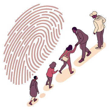 Fingerprint and diverse people walking in a line colorful vector illustration with a light background dermal