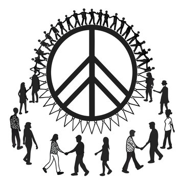 Peace symbol surrounded by silhouetted figures holding hands a black and white vector illustration on a white background