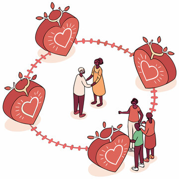 Interconnected hearts and people in a circular arrangement a vibrant vector illustration affection alliance altruism amity