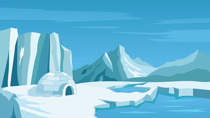 Arctic Winter Landscape Background with Floating Icebergs Snowy Mountains and Traditional Igloo Flat Vector Illustration © Zafaaa