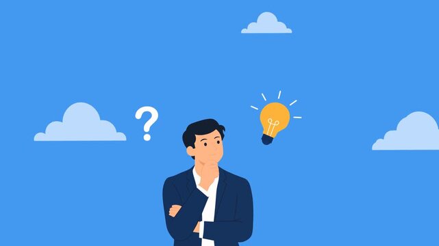 Curious Businessman Thinking With Light Bulb Idea and question mark Concept On Blue Background with passing clouds. Creative problem solving 