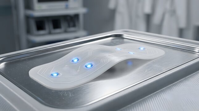 Smart medical patch with electronic sensors and glowing blue lights on a metallic tray in a laboratory setting