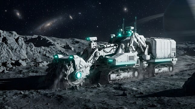 Futuristic space mining rover excavating lunar surface on a distant planet with a ringed planet in the background