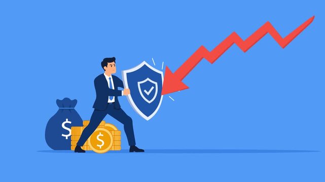 Businessman Protecting Money From Financial Loss With Shield Against Falling Market Arrow Flat Design Animation. Professional man Defend His Wealth or Business From Economic Crash. 