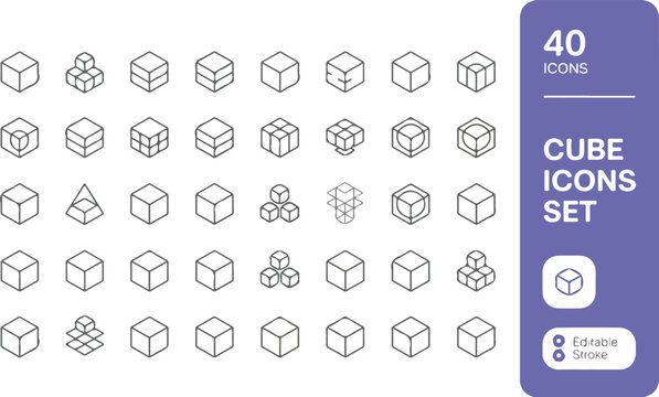 Minimal geometric cube vector collection featuring isometric 3D line art icons with abstract surface patterns in organized grid layout design
