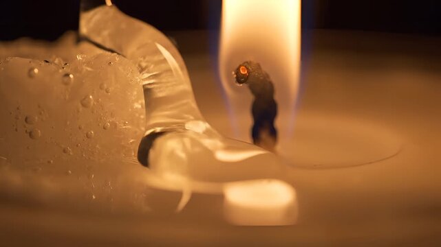 Closeup Macro Shot of a Burning Candle Wick with Dripping Wax.