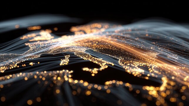 Glowing gold nodes forming network map, clustered illuminated points connected by delicate lines, topographic shimmer suggesting data density, warm metallic highlights and microbeacons evoking