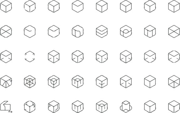 Minimal geometric cube vector collection featuring isometric 3D line art icons with abstract surface patterns in organized grid layout design