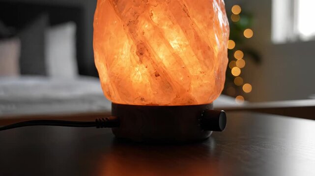 Hand Adjusting Glowing Pink Himalayan Salt Lamp Dimmer Switch on Wooden Table