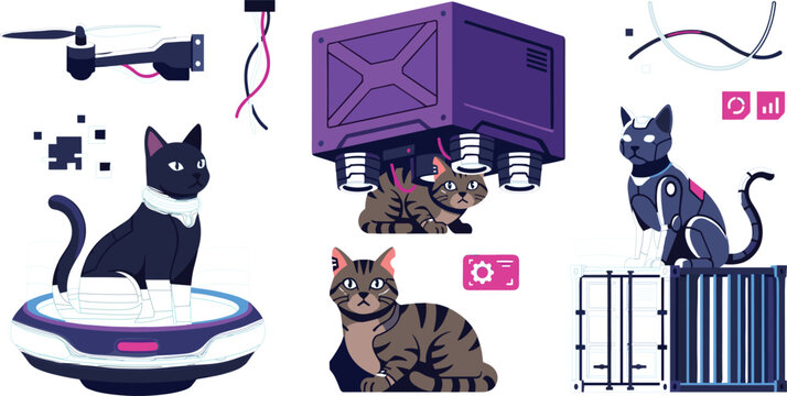 Futuristic cybernetic cyberpunk cat vector set with robotic kitten characters sci-fi tech gadgets and 