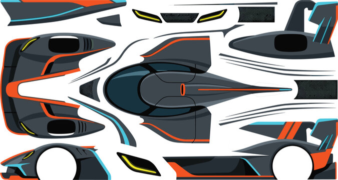 Futuristic hypercar racing concept vector kit with dark grey sports supercar breakdown views layout and isolated aerodynamic performance body partsFuturistic hypercar racing concept vector kit 