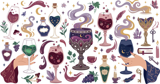 Mystical Fantasy Wine Vector Collection with Magical Potions, Celestial Goblets, Floral Elements and Enchanted Celebration Illustrations.