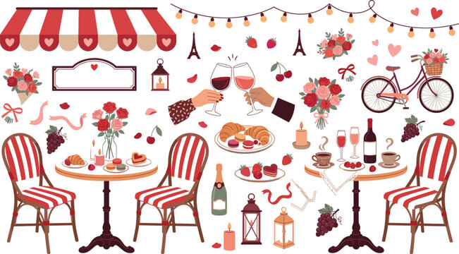 Romantic Paris Cafe Valentine Vector Collection with Wine, Flowers, Cozy Bistro Furniture and Love Celebration Elements.