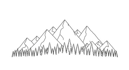 Naklejka premium Minimalist mountain range with pine forest outline, vector illustration, clean design