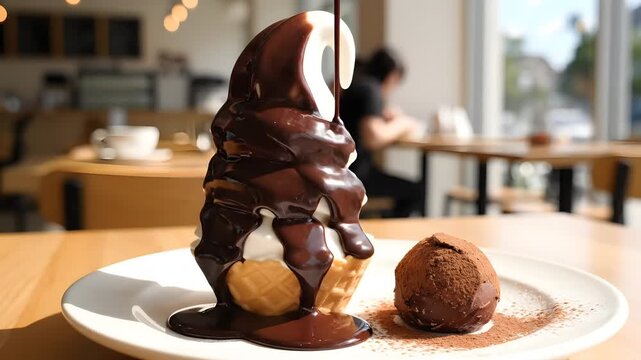 Delicious dessert with melting ice cream smothered in rich chocolate sauce on a plate