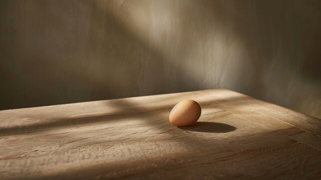 A single egg rests on a wooden surface, dappled by sunlight against a textured wall