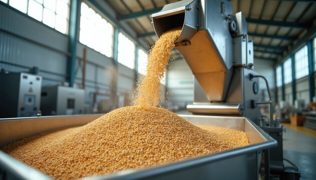 Automated machine pours yellow grain pellets into large metal container inside modern factory. Daylight illuminates industrial agriculture facility, bulk cereal processing operation.