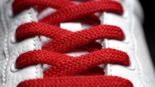 Closeup Macro Shot of Red Shoelaces on White Sneakers.