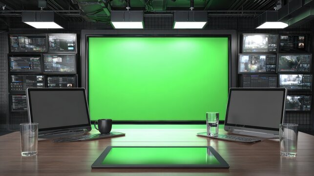 Modern television studio set with green screen and digital displays