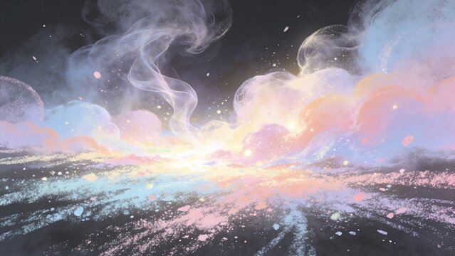 Dreamlike Cosmic Cloudscape with Pastel Nebula Explosion and Ethereal Celestial Light Abstract Illustration
