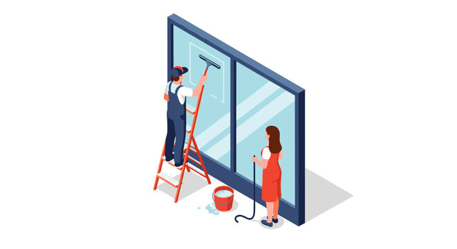 Illustration of a man cleaning a window on a ladder while a woman holds a squeegee on a white background