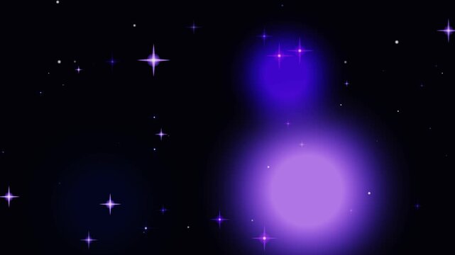 Glowing purple orbs shine brightly in the dark universe with stars.
