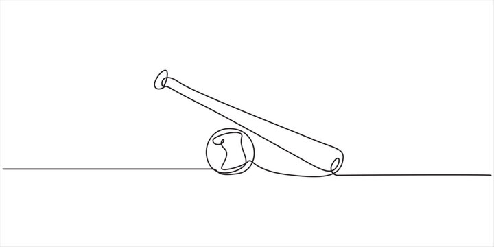 Continuous one line drawing of baseball bat and the ball. Simple Baseball bat line art vector illustration, Baseball bat and baseball ball icon in thin line style, white background editable stroke.