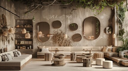 An interior with mirrors, seating, rustic tables, plants, and natural textures