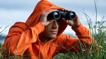 Fototapeta premium Binocular man orange hoodie grass wildflower nature field blue sky outdoor watching Man orange hoodie lying grass field using binocular, watching carefully across wildflower meadow blue sky