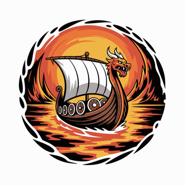 Viking Ship Sailing on Water.