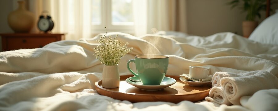 Warm bed scene with steaming tea and fresh flowers. Soft blankets and sunlight create cozy comfort. Enjoy peaceful morning relaxation and quiet home tranquility.