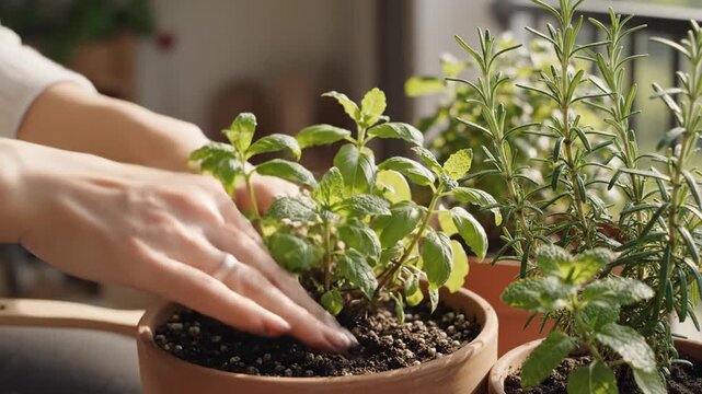 Hands tending fresh herbs in terracotta pots on balcony