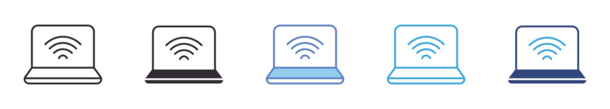 Laptop WiFi Connection Icon Set, Wireless internet, online network, remote communication, technology connection, digital access concept, vector icons.