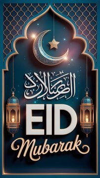 Eid mubarak greeting card with crescent moon star and lanterns on blue background with gold accents and arabic calligraphy