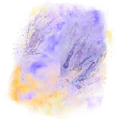 Fototapeta premium Abstract watercolor landscape with lavender bushes in mist and golden sunlight. Hand painted atmospheric background with paper texture for Provence decor and fine art poster