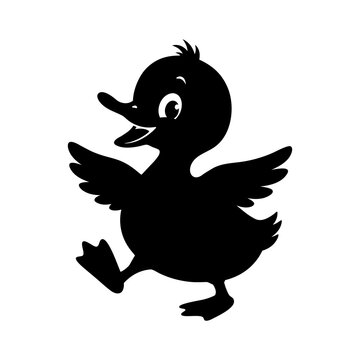 Cute duckling silhouette cartoon character walking with wings spread and open beak, funny black baby bird vector illustration isolated on white background