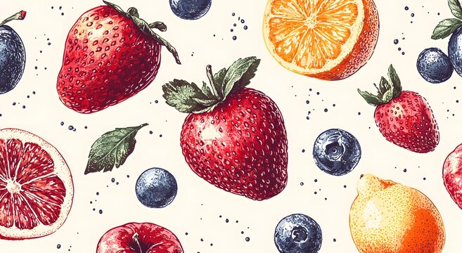 Hand sketched fruit pattern with rustic organic charm banner