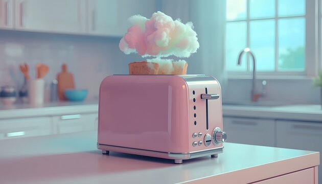 A pink toaster ejects toast with a whimsical cloud of steam in a bright, modern kitchen.