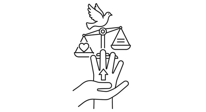 Hand holding scales with heart and dove.