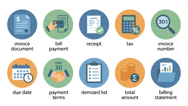 Set of Ten Flat Vector Icons for Invoicing and Billing Processes, Including Invoice Document, Bill Payment, Receipt, Tax, Invoice Number, Due Date, Payment Terms, Itemized List, Total Amount, and