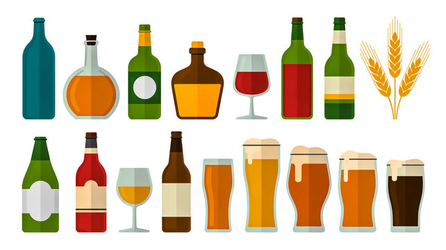 An illustration of various drinks and bottles on a table with wheat