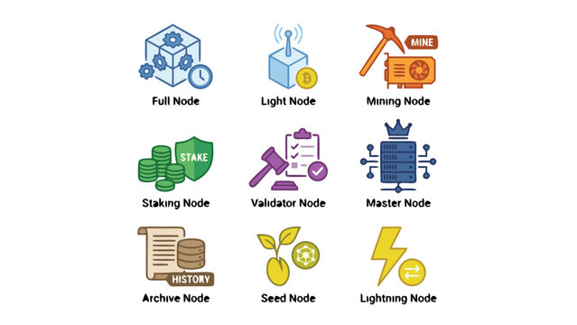 Comprehensive Vector Icon Set of Blockchain and Cryptocurrency Nodes Featuring Full, Light, Mining, Staking, Validator, Master, Archive, Seed, and Lightning Node Types for Digital Network Design.