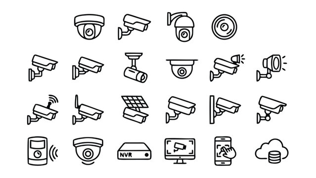 Minimalist Vector Security and Surveillance Camera Line Icon Set Featuring Dome, Bullet, PTZ, Wireless, and Solar-Powered Models, NVR, Monitoring Screen, Mobile App Control, and Cloud Storage.