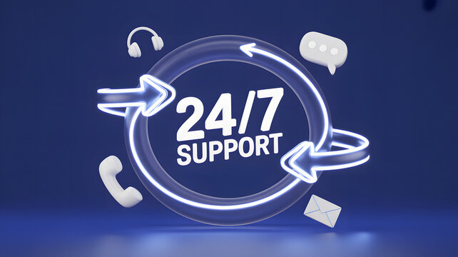 3D glowing circular arrows with icons for phone, email, chat, and headset around text 24/7 SUPPORT, symbolizing continuous customer service and communication reliability  
