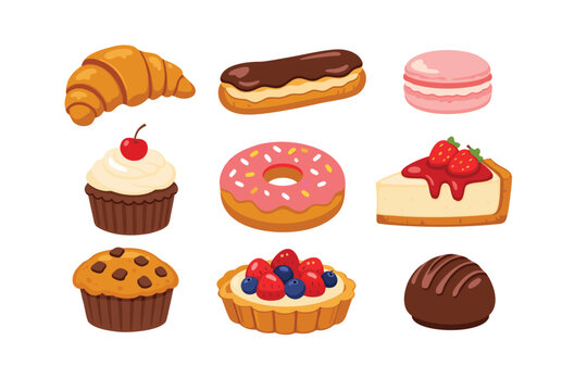 Sweet Bakery and Pastry Collection Featuring Croissant, Eclair, Macaron, Cupcake with Cherry, Pink Glazed Donut, Strawberry Cheesecake, Chocolate Chip Muffin, Berry Fruit Tart, and Chocolate Truffle